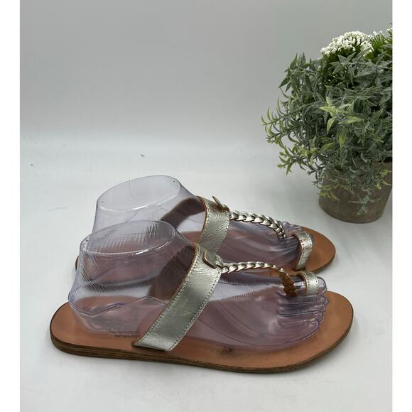 Ancient Greek Leather Melpomeni Platinum Silver Braided Thong Sandals Sz 40/9 - Picture 3 of 8